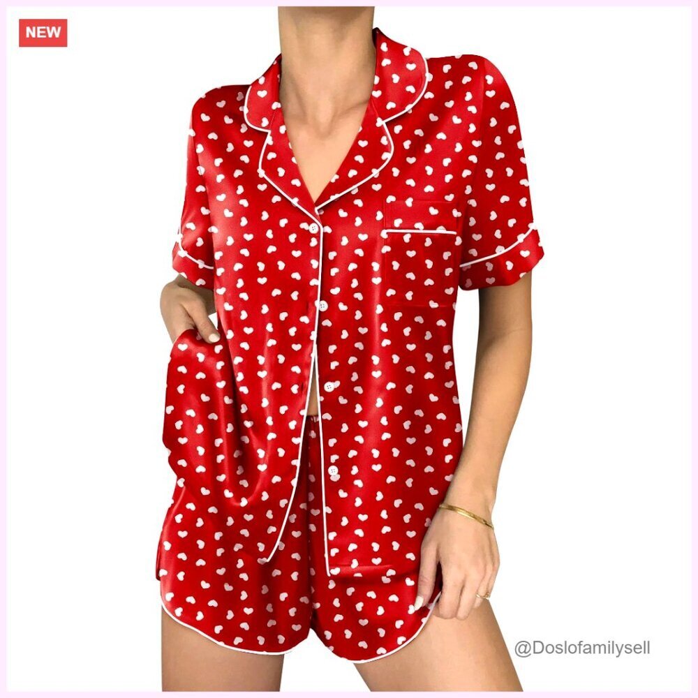 Silk Satin Pajama Set Button Down Short Sleeve Cute Print Lounge Sleepwear